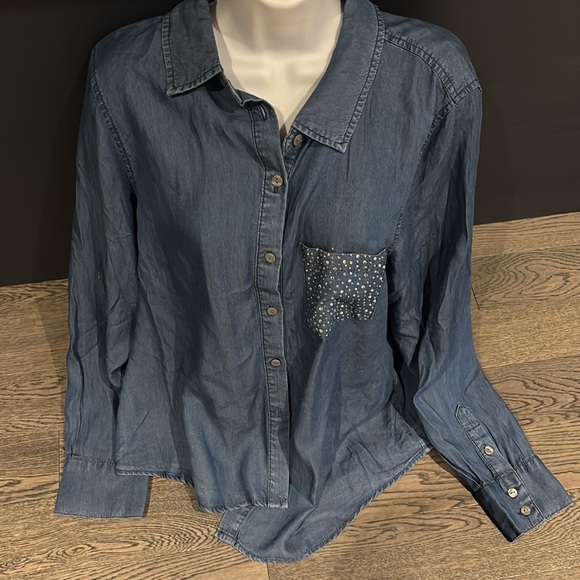 BADGLEY Mischka denim loose fit rhinestone pocket shirt Sz XL - Picture 3 of 11